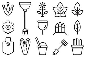 Collection of Garden Tools and Plant Icons on White Background gardening leaf