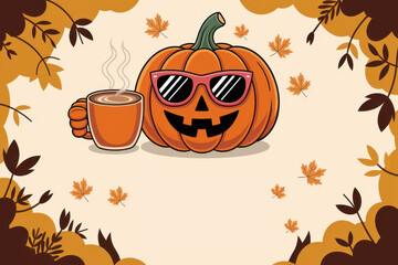 Autumn pumpkin with sunglasses enjoying hot drink amidst falling leaves