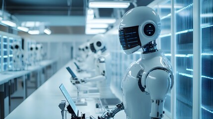Robotics Assembly Line: A futuristic scene captures advanced robots engaged in their tasks within a state-of-the-art laboratory, creating an aura of technological progress and innovation.