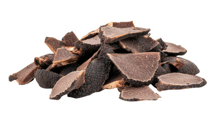 Sliced black truffles gourmet delicacy isolated on white background