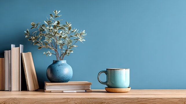 Blue home office background with minimalist desk setup, modern workspace interior concept for remote work, business, and ads
