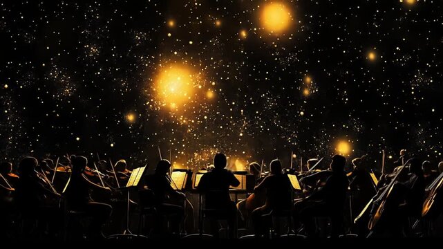 Orchestral musicians play under starry sky
