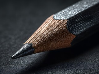 A sharply pointed graphite pencil lead is showcased in a close-up, highlighting the texture of the wood and the dark, dense core, evoking a sense of precision and potential.