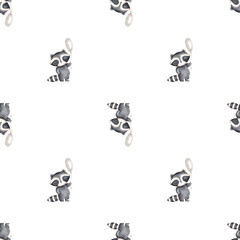 Woodland. Watercolor hand-drawn seamless minimalistic pattern with funny raccoon and balloon on white background. Cute print for kids