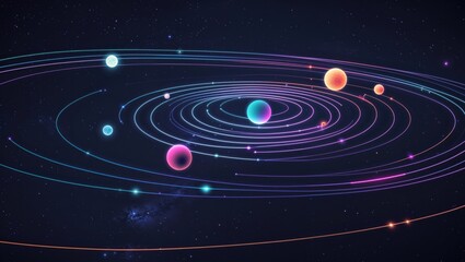 Obraz premium Displaying planetary system rotating on cosmic sky, with neon rings, gradient planets, star points