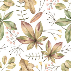 Woodland. Watercolor hand-drawn seamless pattern with autumn leaves and branches. Botanical background for wallpaper, wrapping paper or textiles