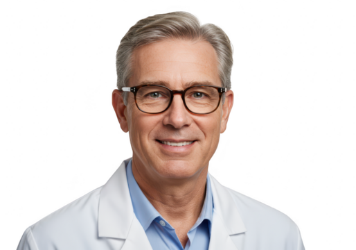 A smiling mature doctor in a white coat is isolated on transparent background, radiating professionalism and expertise