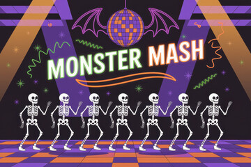 Halloween dance party: skeletons grooving under disco ball with monster mash theme