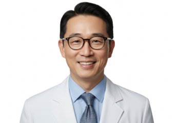 A smiling asian doctor in a white coat is isolated on transparent background, radiating competence and a caring demeanor