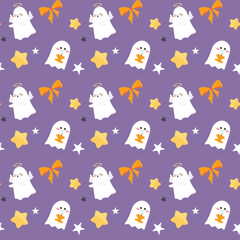 Happy halloween seamless pattern for fabric or Repeat Background isolated Background. Cute character of ghost star and pumpkin in orange and purple illustration flat vector.