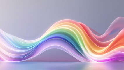 Flowing abstract multicolored ribbon forms arching over reflective floor, with pastel rainbow hues