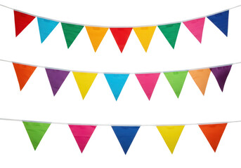 Colorful triangular bunting flags hang in rows, creating a festive and cheerful decoration isolated on transparent background