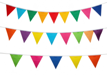 Colorful triangular bunting flags hang in rows, creating a festive and cheerful decoration isolated on transparent background