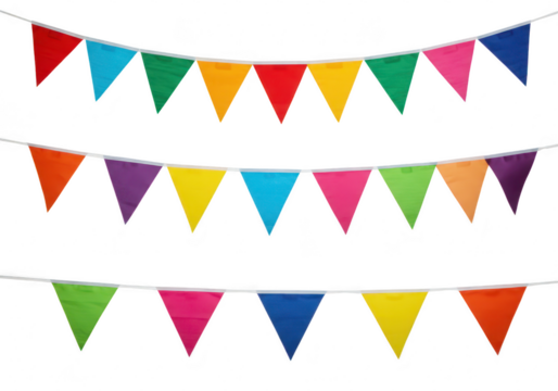 Colorful triangular bunting flags hang in rows, creating a festive and cheerful decoration isolated on transparent background