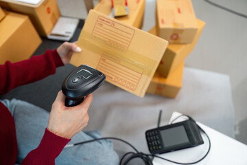 Logistics: Woman Scanning Package with Handheld Scanner