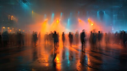 Blurry festival party scene with lights and people, energetic nightlife atmosphere with motion blur for music or event