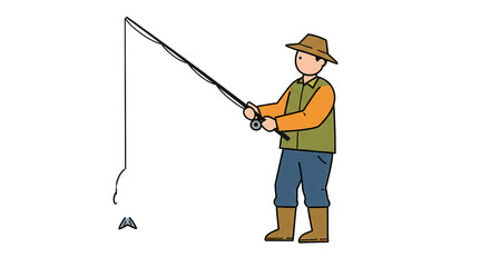 Simple Cartoon Illustration of a Fisherman Catching a Fish