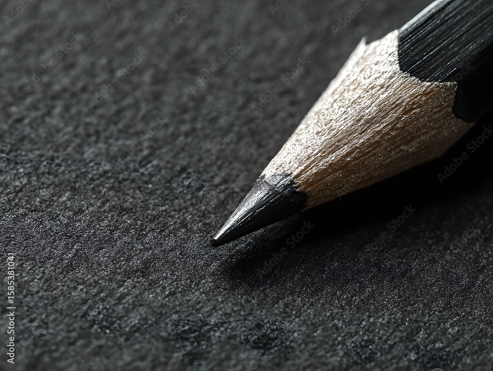 Poster a sharply pointed graphite pencil rests on a textured dark surface, emphasizing the potential for cr