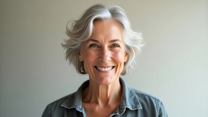 Portrait of a Graceful 60+ Year Old Woman with Silver Hair and Warm Smile &ndash; Wearing Elegant Casual Clothing, Natural Lighting, Neutral Background, Realistic High-Resolution Illustration Celebrating Ag