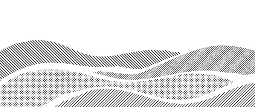 Mountain hill and texture background vector. Abstract Mountain landscape with line art, pencil line, grunge, dot halftone pattern. Wallpaper design for print, wall art, cover and interior.