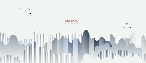 Mountain hill and texture background vector. Abstract Mountain landscape with line art, wavy, curve, bird. Wallpaper design for print, wall art, cover and interior.