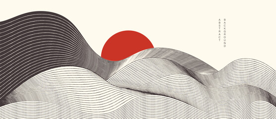 Mountain hill and texture background vector. Abstract Mountain landscape with line art, wavy, curve, sun. Wallpaper design for print, wall art, cover and interior. © TWINS DESIGN STUDIO
