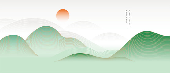 Mountain hill and texture background vector. Abstract Mountain landscape with line art, wavy, curve, sun. Wallpaper design for print, wall art, cover and interior.