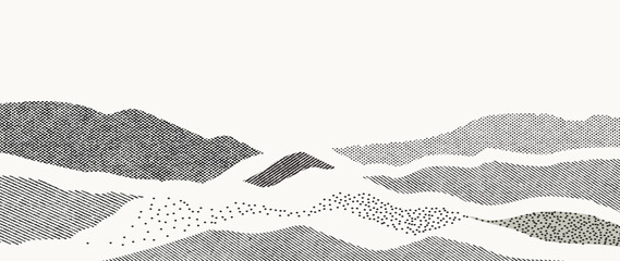 Naklejka na ściany i meble Mountain hill and texture background vector. Abstract Mountain landscape with line art, pencil line, grunge, dot halftone pattern. Wallpaper design for print, wall art, cover and interior.