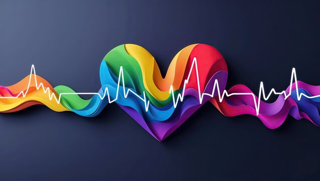 Displaying rainbow-colored heart shape pulsating on dark blue background, with white ECG waveform