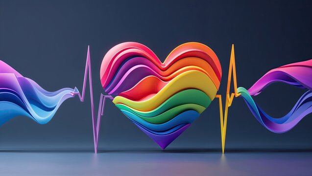 Pulsating 3D layered heart emitting rainbow ribbon waveforms in digital studio, with EKG lines