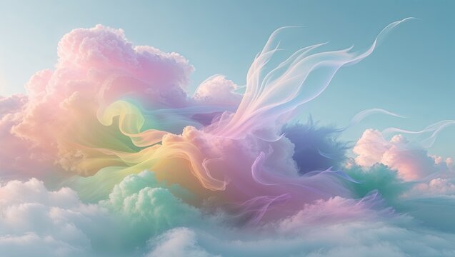 Floating pastel-colored clouds swirling ethereal ribbons in high-altitude sky, serene atmosphere - Powered by Adobe