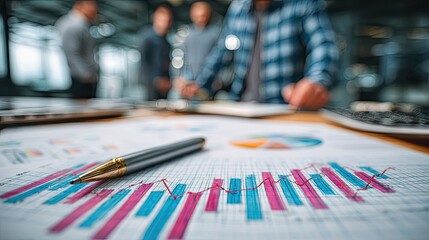 Business strategy and planning meeting with team, financial growth ideas and workflow chart in professional office