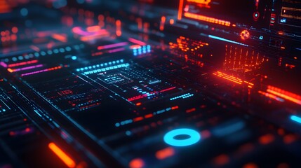 Digital Interface: A futuristic digital interface, rendered in vibrant neon hues, unveils a complex network of data streams and circuit boards. Experience the evolution of computing
