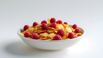 Bowl of cornflakes and raspberries isolated on transparent background  