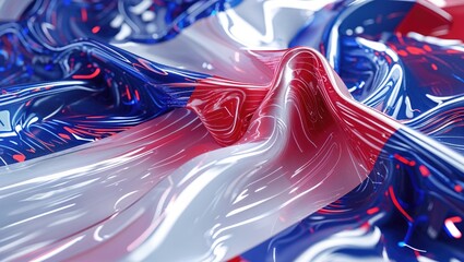 Shimmering abstract glossy red white blue membrane folding in 3D studio, with neon reflections