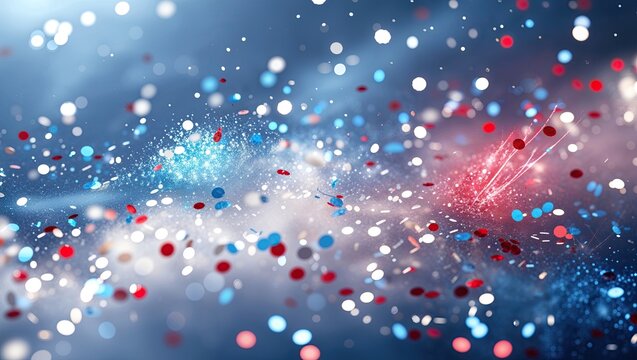 Floating red white blue confetti pieces drifting in blurred backdrop, with sparkles, light streaks