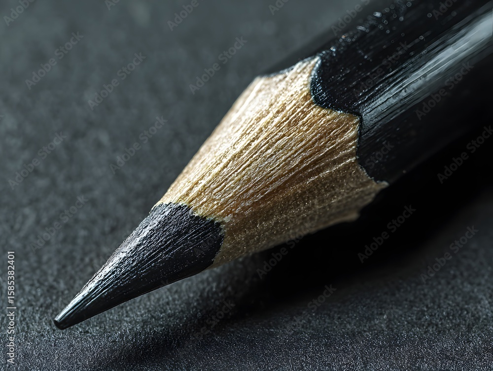 Poster a sharply pointed graphite pencil tip, recently sharpened, rests against a dark, textured surface, e
