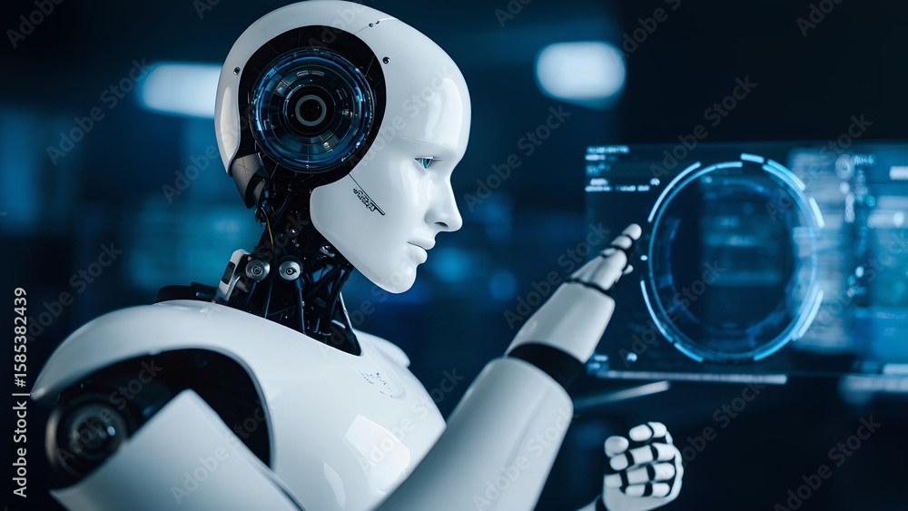 Poster futuristic robot analyzing data in a high-tech lab digital environment close-up viewpoint for innova