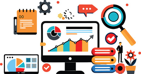 An illustration symbolizing Search Engine Optimization (SEO) with elements like magnifying glasses, charts, gears, and currency, often emphasizing digital marketing and online visibility