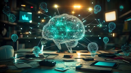 Mind's Brilliance: An illustration of a luminous brain is surrounded by interconnected light bulbs, signifying innovation and intelligence within a cutting-edge tech workspace.