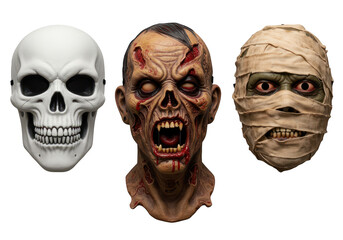 Three scary halloween masks of a skull, zombie, and mummy are displayed, isolated on transparent background