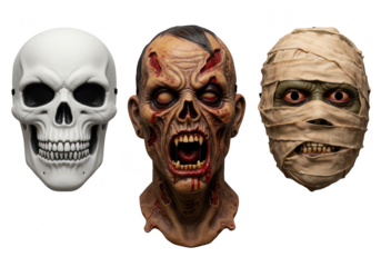 Three scary halloween masks of a skull, zombie, and mummy are displayed, isolated on transparent background