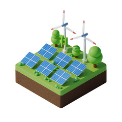 Isometric 3D Illustration of Renewable Energy with Solar Panels and Wind Turbine