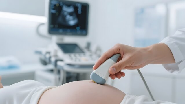 Doctor Performing Ultrasound Scan on Pregnant Woman &ndash; Prenatal Care and Medical Examination Concept