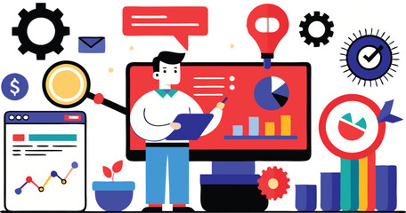 An illustration symbolizing Search Engine Optimization (SEO) with elements like magnifying glasses, charts, gears, and currency, often emphasizing digital marketing and online visibility