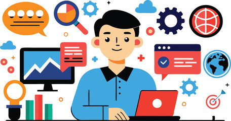 An illustration symbolizing Search Engine Optimization (SEO) with elements like magnifying glasses, charts, gears, and currency, often emphasizing digital marketing and online visibility