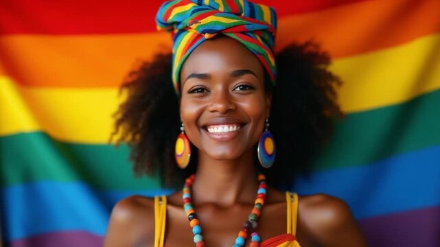Vibrant Woman with Rainbow Flag Celebrating Pride and Gender Equality