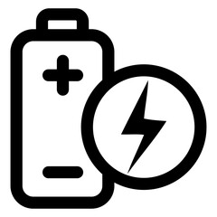 Icono pila eléctrica con líneas y rayo o relámpago en círculo