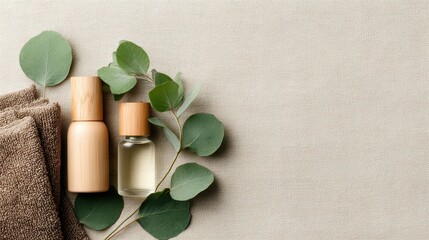 Cosmetic bottles with eucalyptus flowers towels and linen on pastel background top view flat lay natural organic skincare and spa concept perfect for beauty product branding body care wellness design