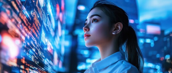 Young woman looking at futuristic holographic data display at night